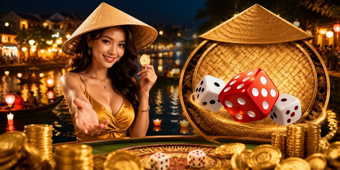 Bàn tài xỉu truyền thống tại Hội An với xúc xắc và nón lá mang đậm bản sắc Việt Nam